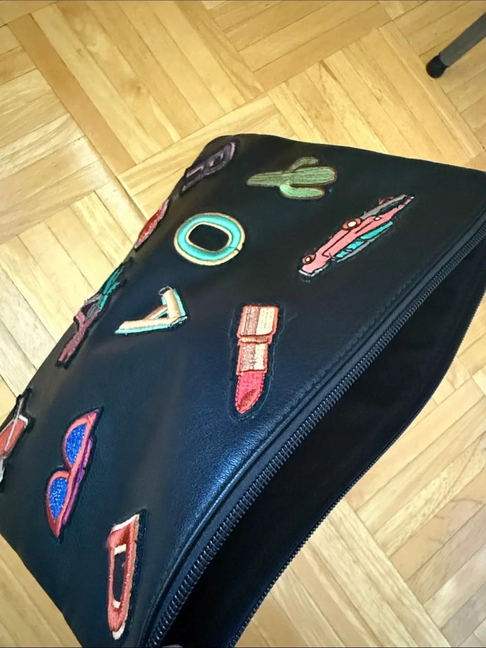 Zara Black Pouch with Colorful Patch Motifs